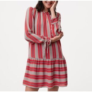 Loft Red White Striped Drop Waist Mini Dress Long Sleeve Tie Cuff‎ XS